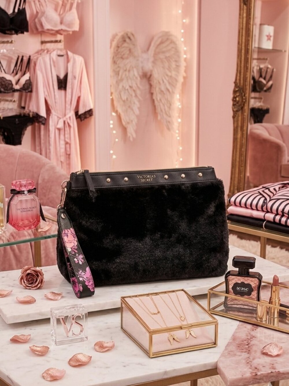 💗Victoria’s Secret Faux Fur Stud Large Wristlet/Clutch Handbag w/Floral Strap💗